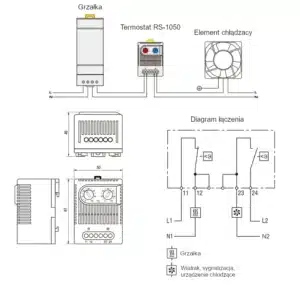 Termostat NC NO Grzewczo wentylacyjny 0 60°C do szaf przemysłowych RS 1050 diagram łączenia